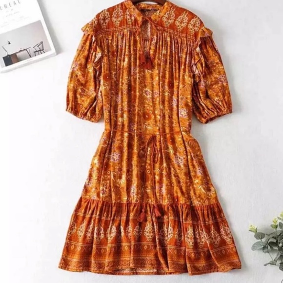 Rust Floral Boho Ruffle 3/4 Sleeve Mini Dress - Picture 7 of 9